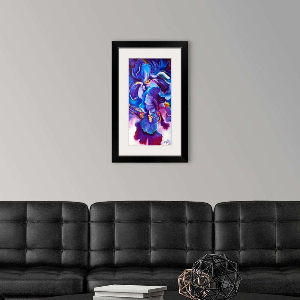 A modern room featuring Floral Abstract of two purple Iris blossoms.