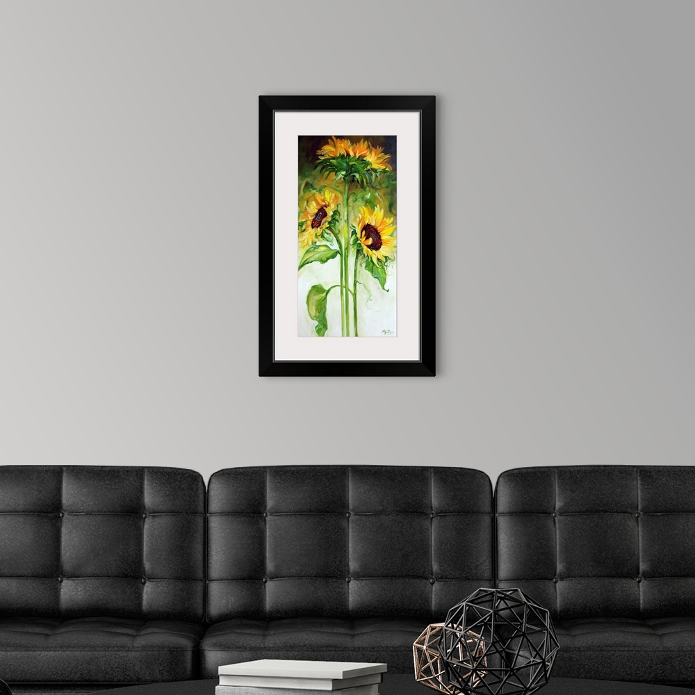 A modern room featuring Panel painting with three long stemmed sunflowers on an abstract white, green, yellow, and black ...