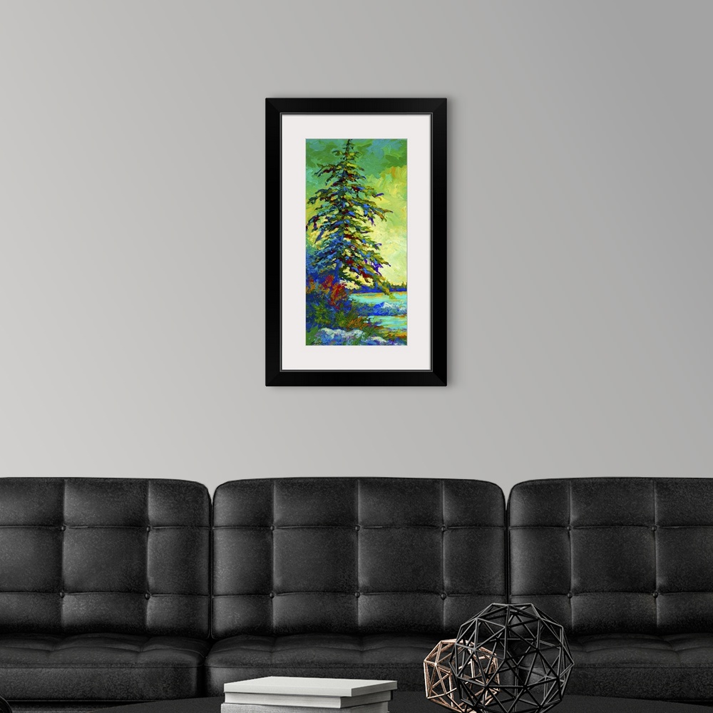 A modern room featuring Tall painting on canvas of a tree beside the water made up of brush strokes.