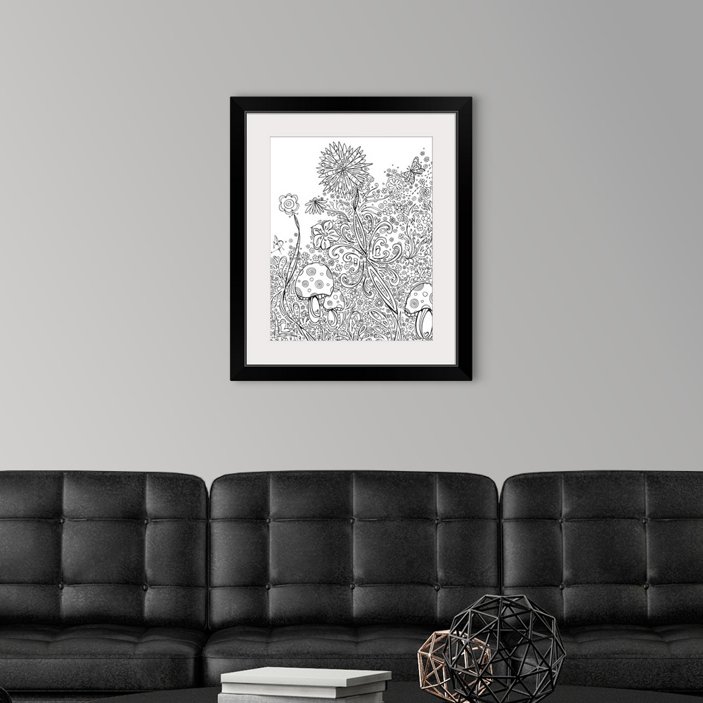 A modern room featuring Black and white line art of a garden with several different flowers and mushrooms.