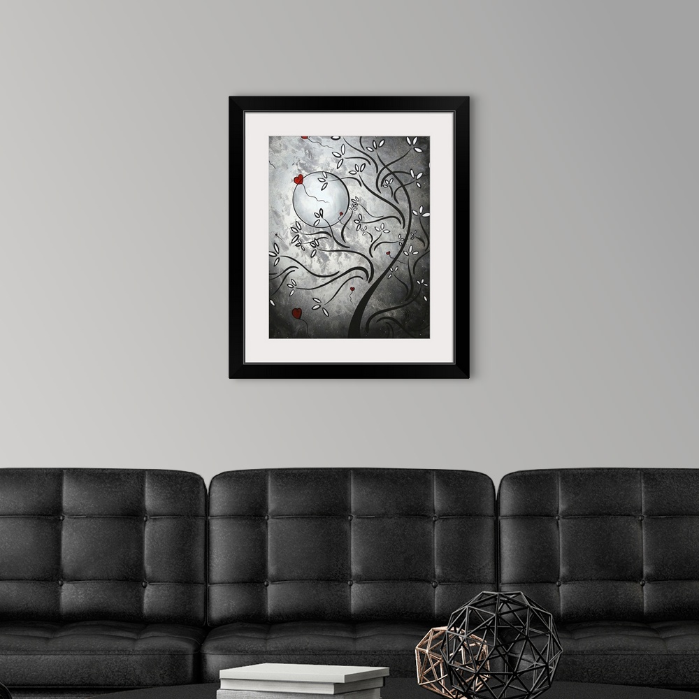 A modern room featuring This is a vertical painting of a stylized tree against an abstract moonlit sky with heart shaped ...