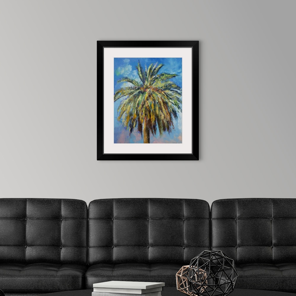 A modern room featuring Big, vertical painting of the top of a palm tree against a blue sky.  Painted with thick, rough b...