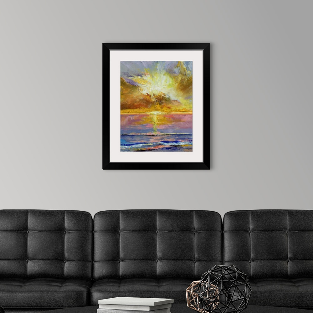 A modern room featuring Abstract oil painting of the setting sun over the ocean.  The partly cloud covered sun is reflect...