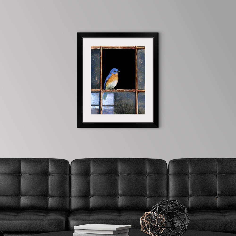 A modern room featuring Contemporary artwork of a bird perched on a broken window pane.
