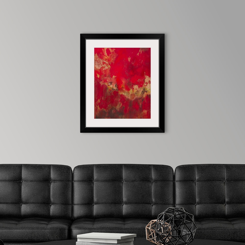A modern room featuring Contemporary abstract art, originally in acrylic, in deep red shades with contrasting yellow.