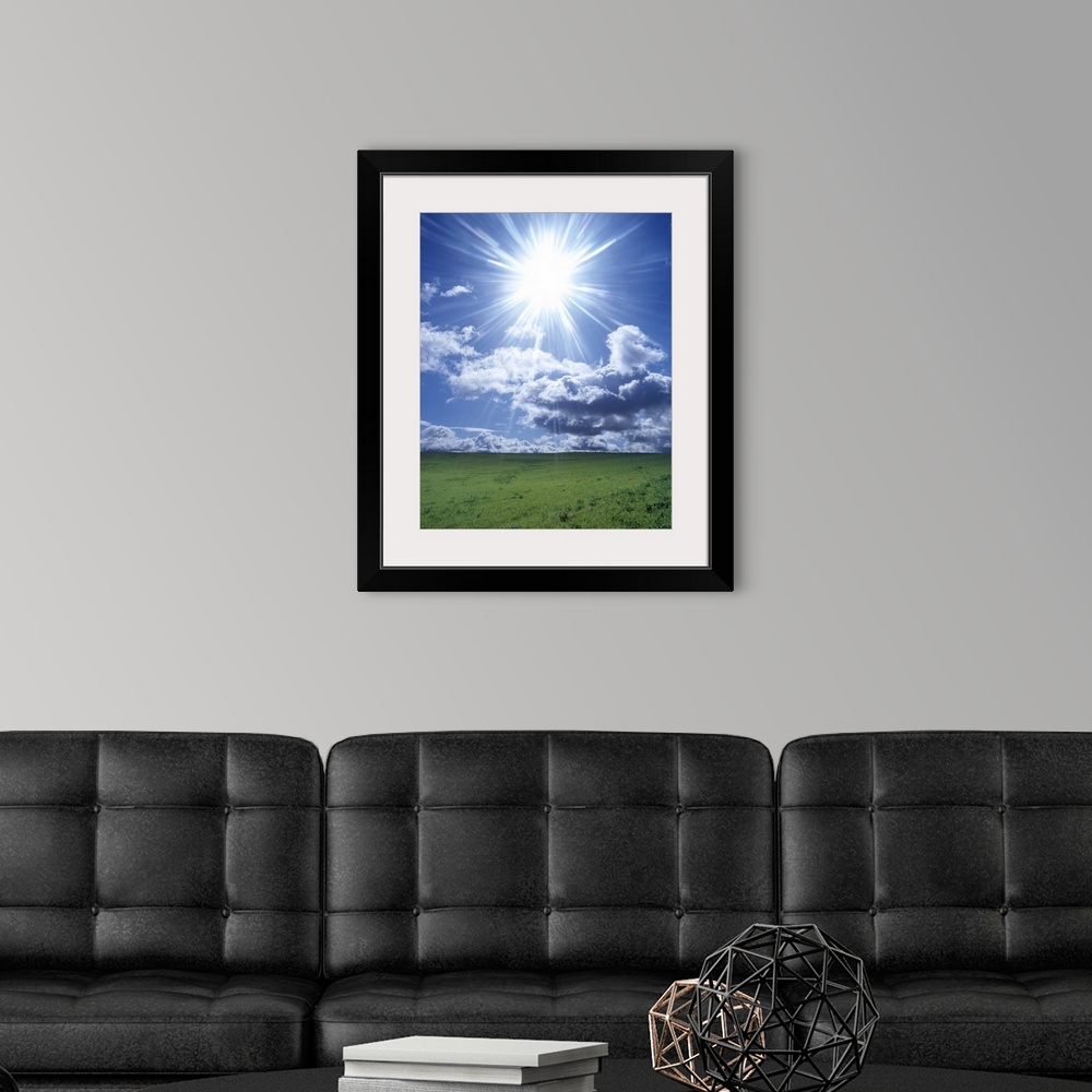 A modern room featuring Sun shining over a field