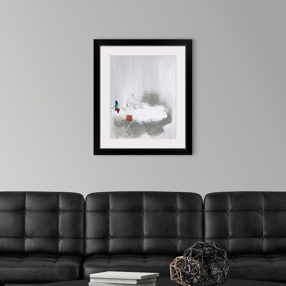 A modern room featuring Contemporary abstract painting of a pencil drawing of a roller skate against a neutral toned back...