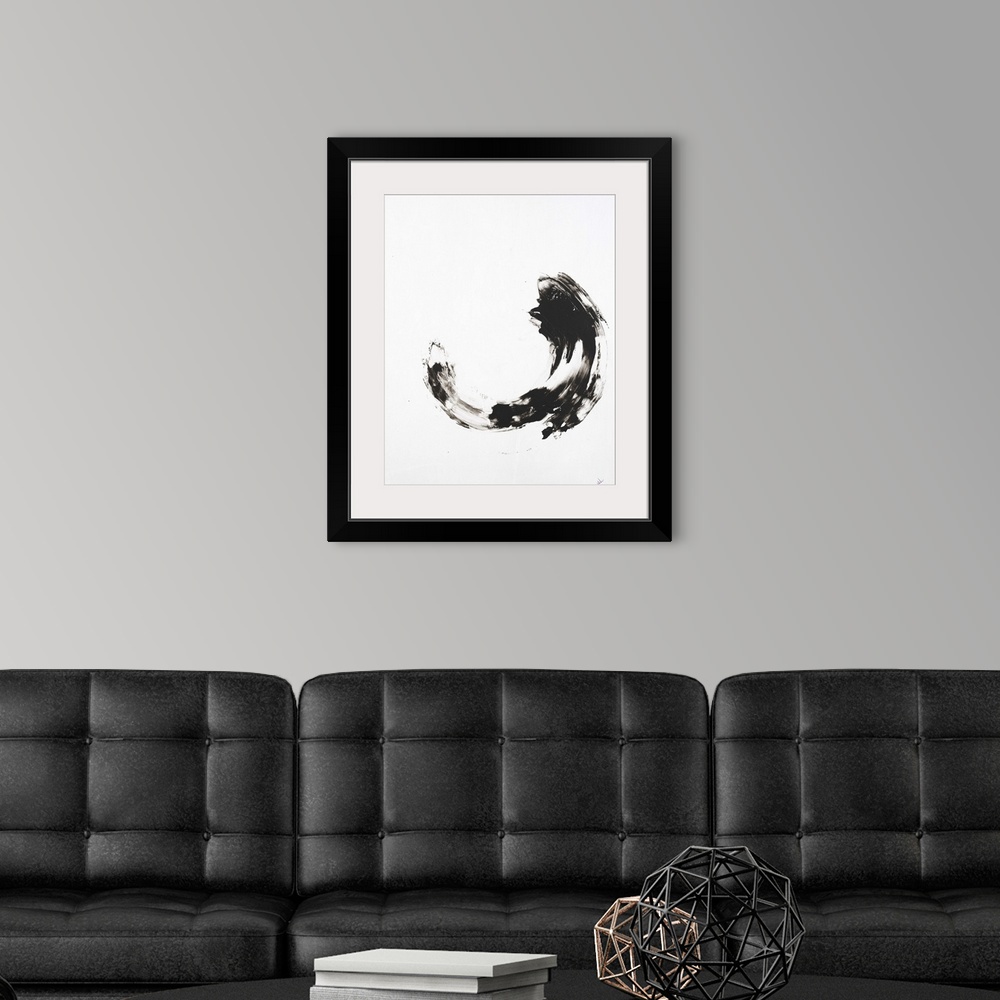 A modern room featuring Minimalist abstract painting with a black curved brushstroke in the middle of a white background.
