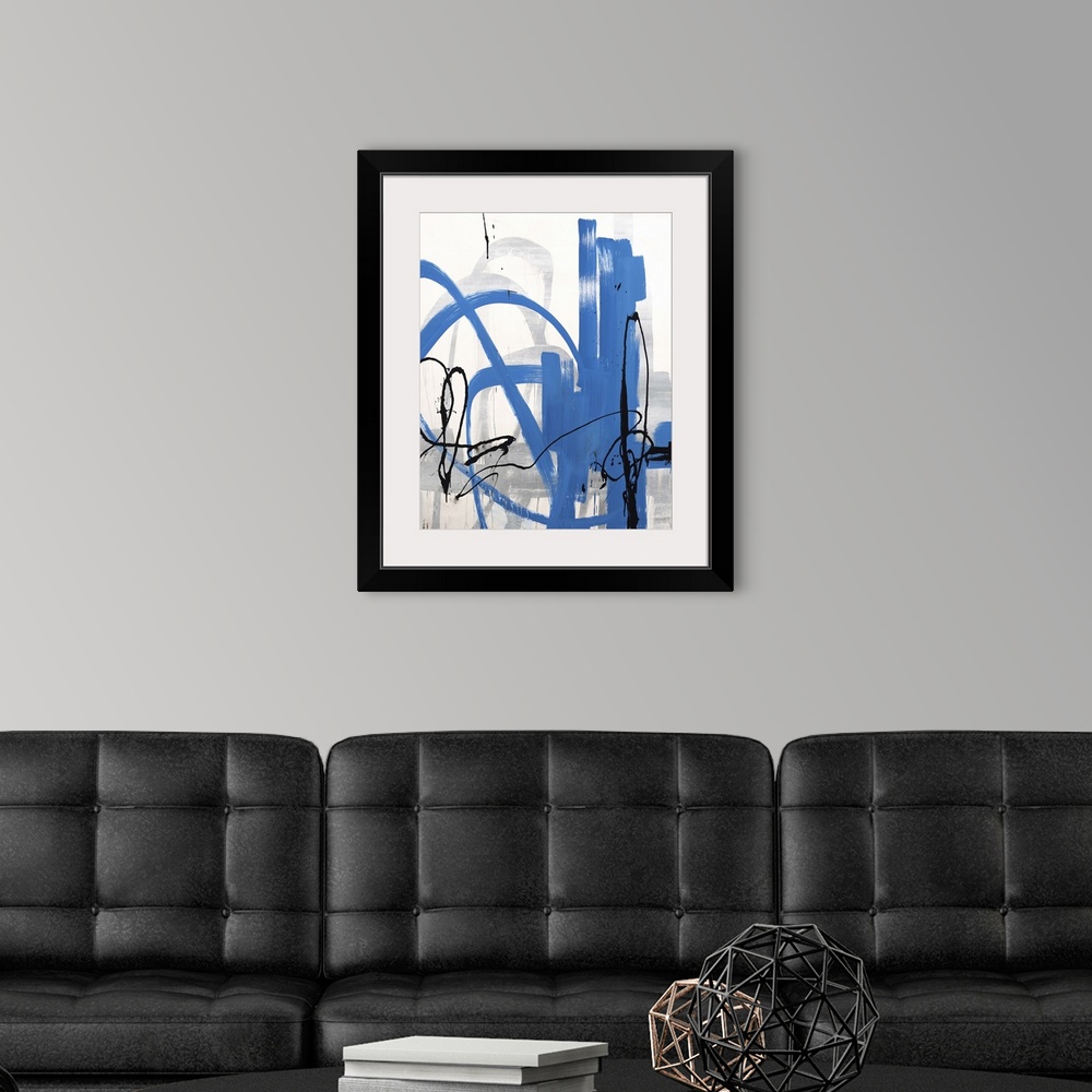 A modern room featuring Contemporary abstract painting of a neutral background with blue and black exaggerated lines.