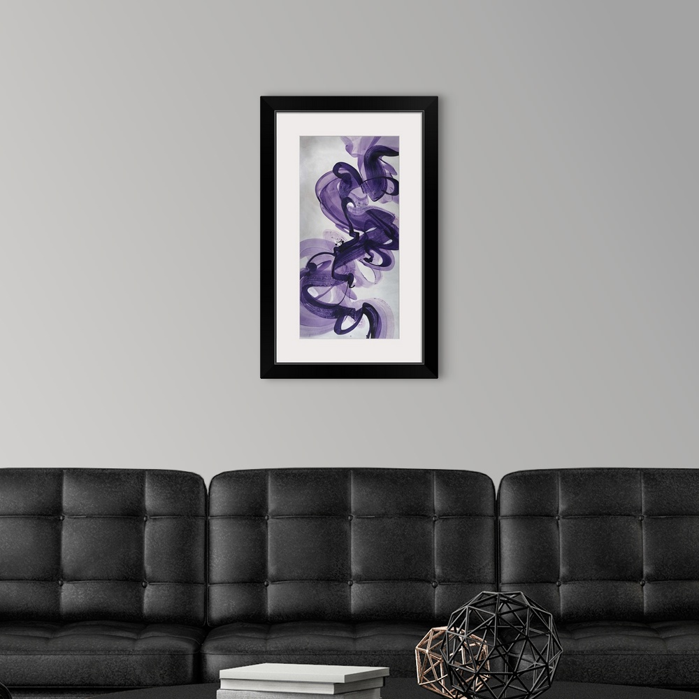 A modern room featuring Abstract painting using vibrant purple tones in swirling motions that look like smoke flowing gen...