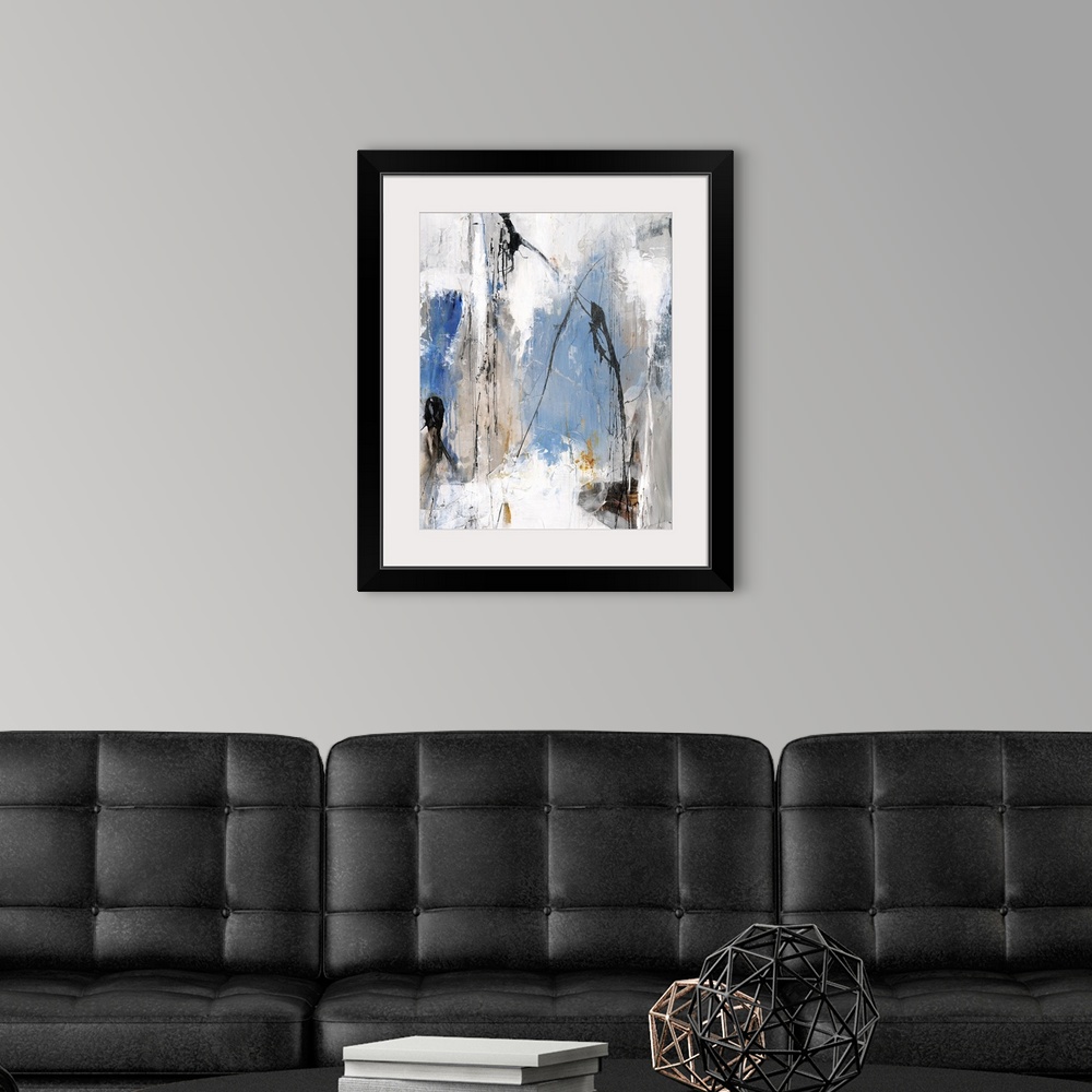 A modern room featuring Contemporary abstract painting with white, gray, blue, and gold hues and thin black lines on top ...