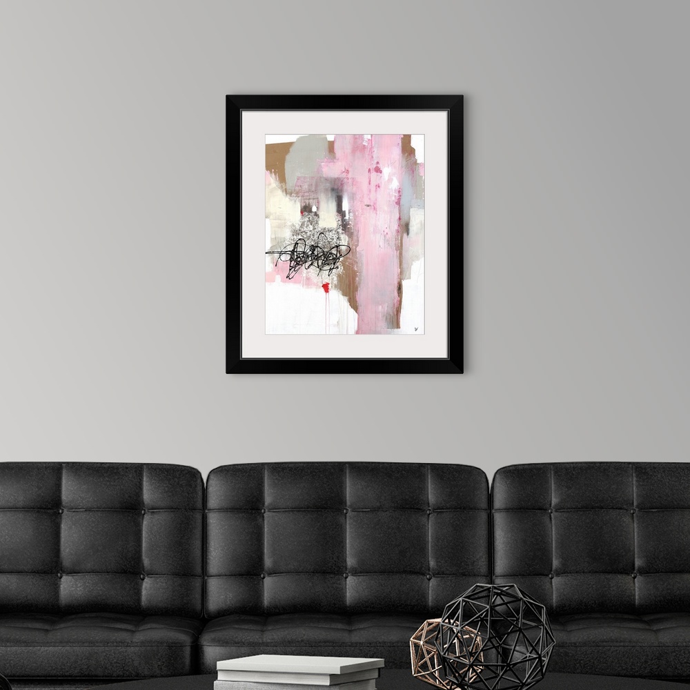 A modern room featuring Contemporary abstract painting with pink, gray, tan, and beige brushstrokes, and a black scribble...