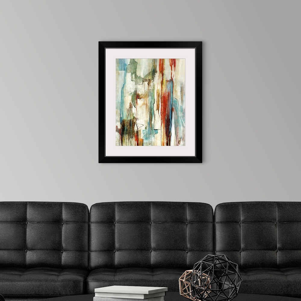 A modern room featuring A large abstract piece with muted colors that move in a vertical direction and drip down toward t...