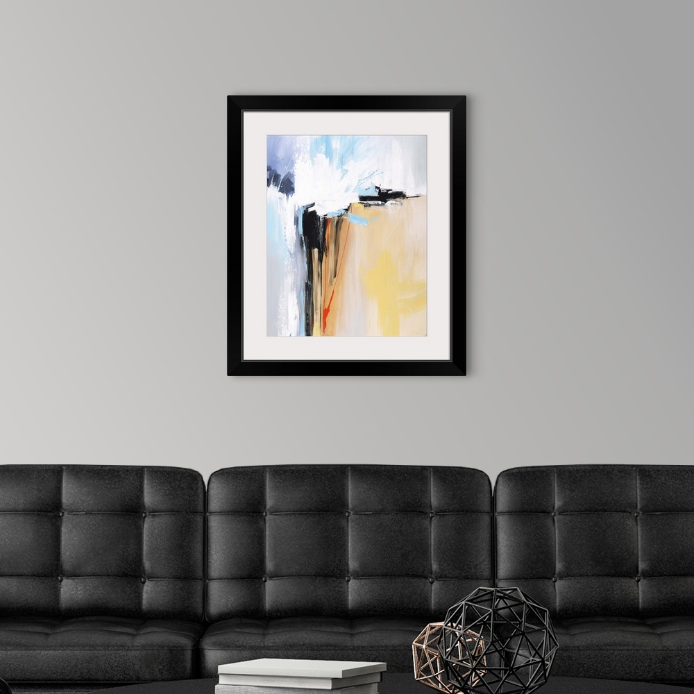 A modern room featuring Contemporary abstract painting using dark bold lines against multi-colored background.