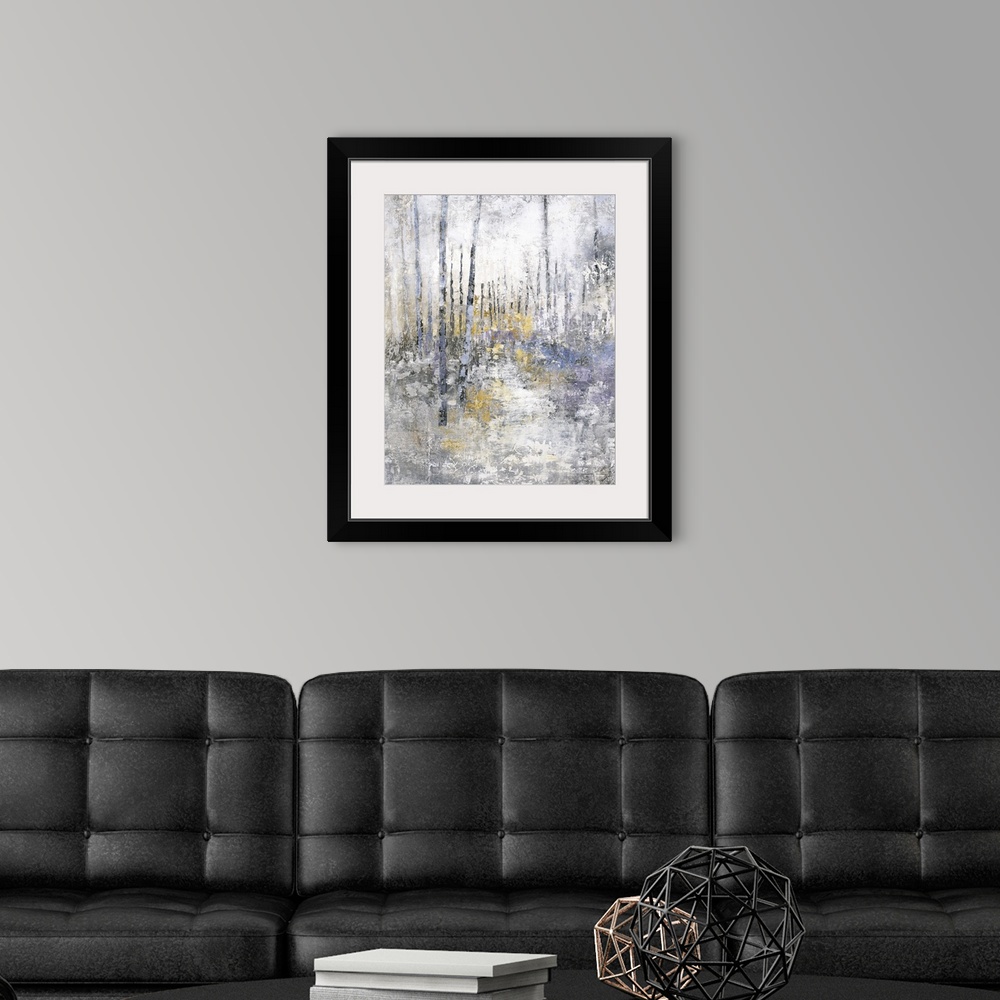 A modern room featuring Abstract landscape of a trail through a forest in textured muted tones.
