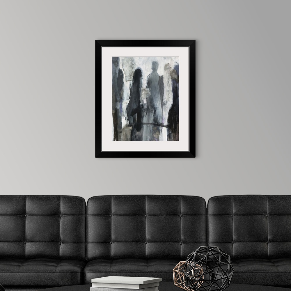 A modern room featuring Abstract painting of a group of standing human silhouettes in various shades of grey, on a bright...