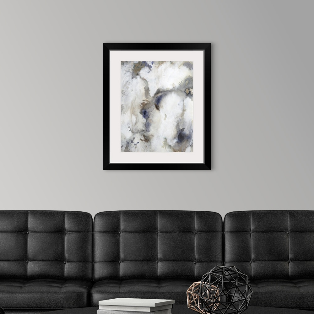 A modern room featuring Abstract painting of a textured design in shades of white and light gray with accents of brown th...