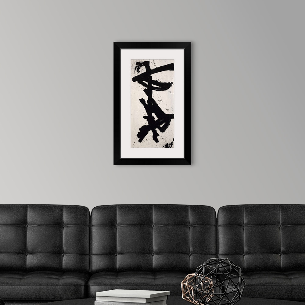 A modern room featuring Contemporary abstract painting of bold black aggressive strokes resembling Oriental script charac...