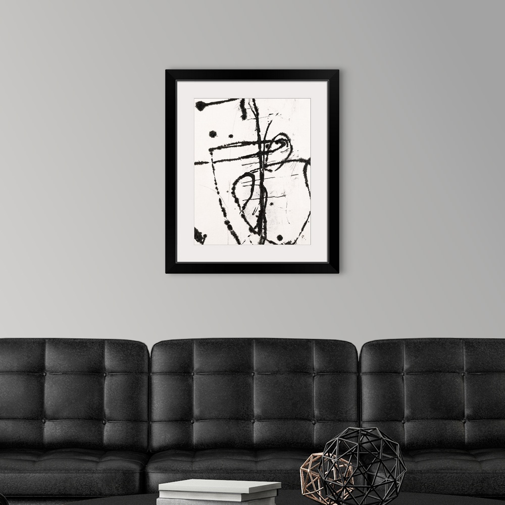 A modern room featuring Contemporary abstract painting of black painted lines against a white background.