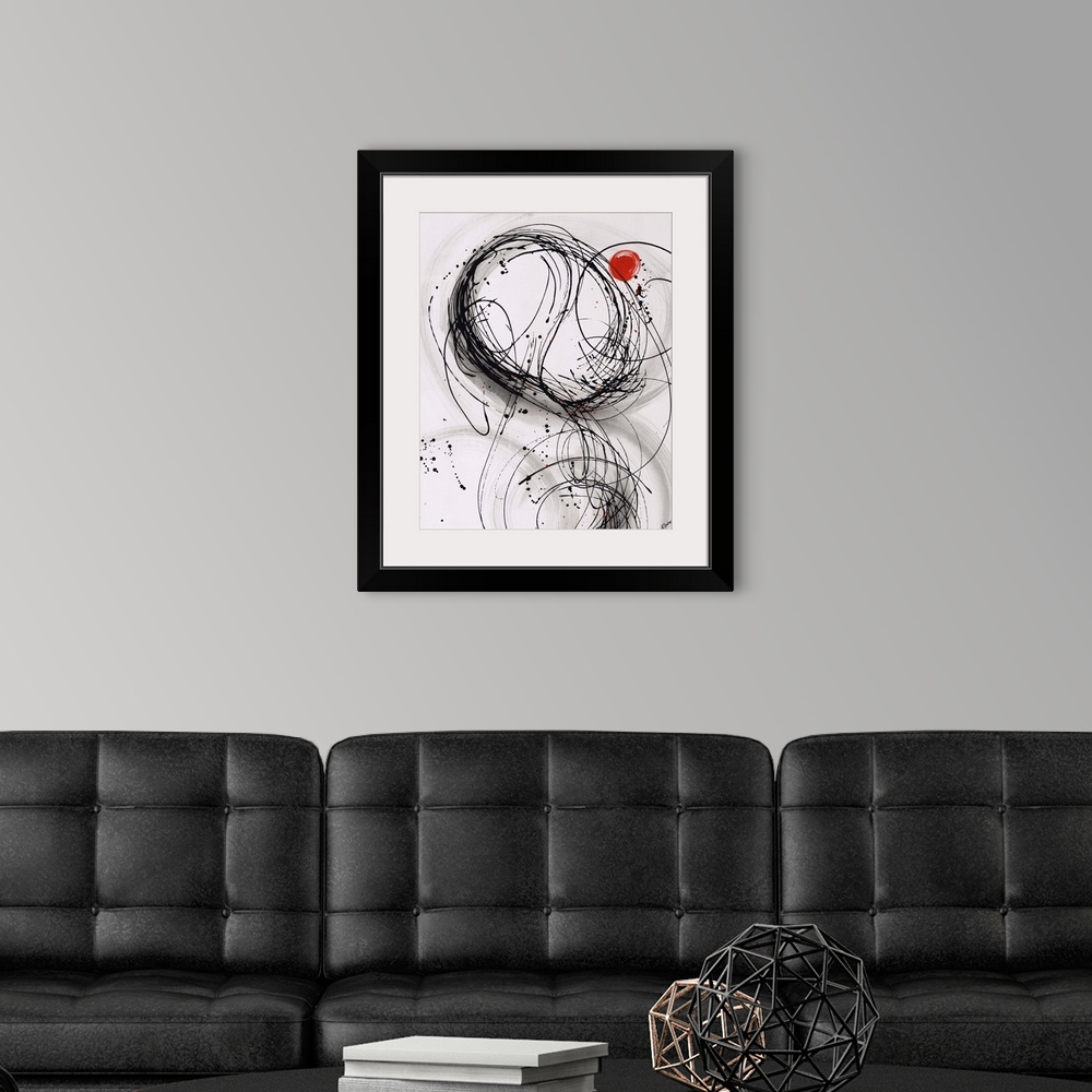 A modern room featuring Abstract painting using thin black lines to create organic shapes, with a little red circle towar...
