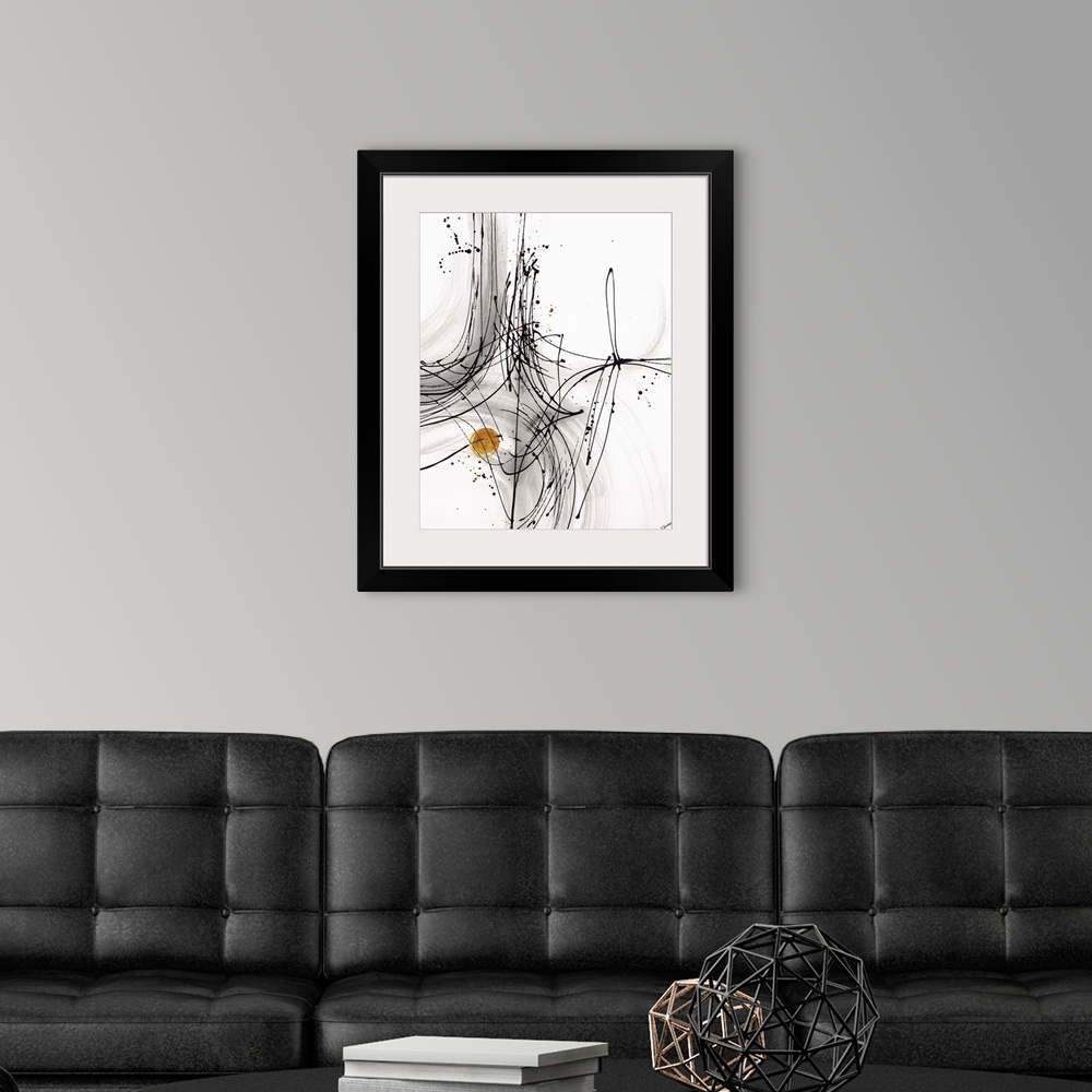 A modern room featuring Abstract painting using thin black lines to create fluid movement, with a little gold circle towa...