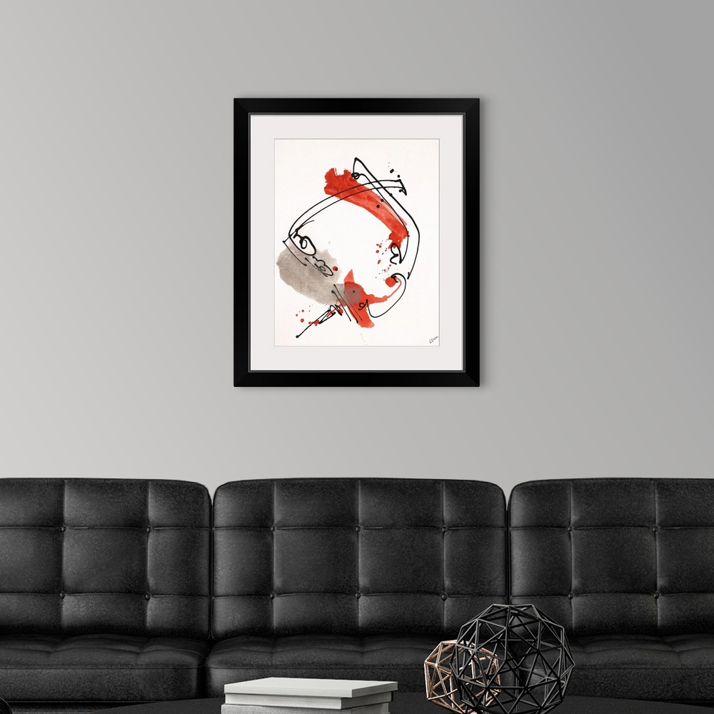 A modern room featuring Contemporary abstract painting of dark black lines and splashes of red swirling around.
