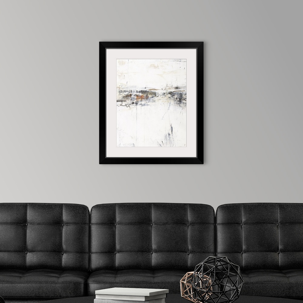 A modern room featuring Contemporary abstract painting with long, thin lines and grey and brown tones, calling to mind a ...