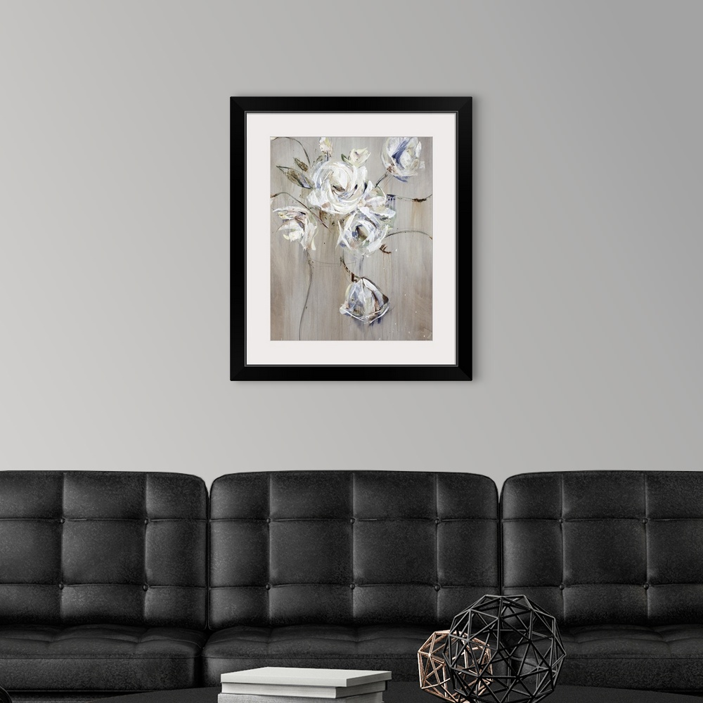 A modern room featuring A textured painting of an arrangement of white flowers in a vase.