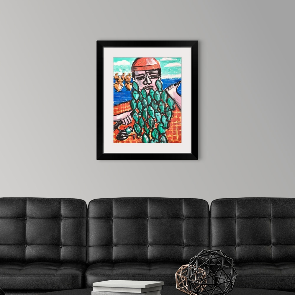 A modern room featuring Painting of a fisherman with fish as his full beard.