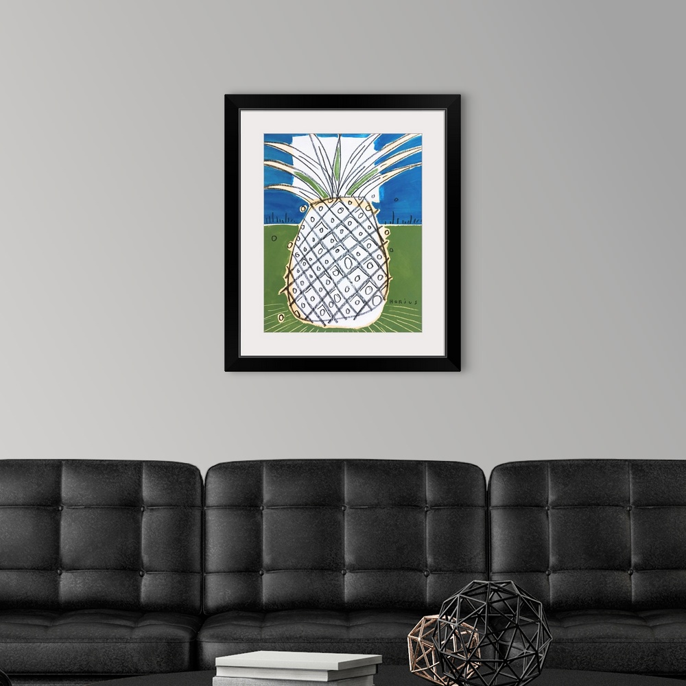 A modern room featuring Pineapple drawn with black grease pencil on a blue and green background.