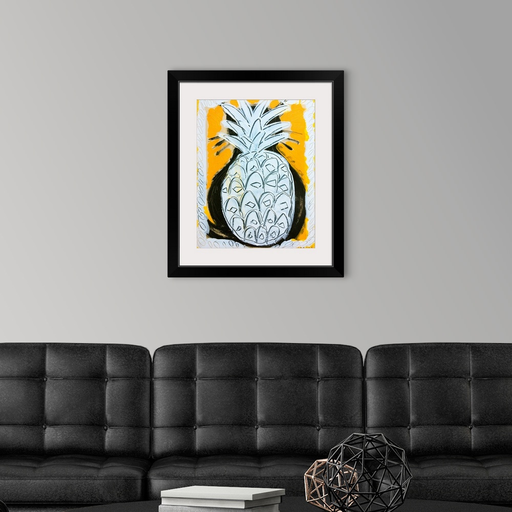 A modern room featuring Pineapple painted white for its body and leaves on a yellow graphic background.