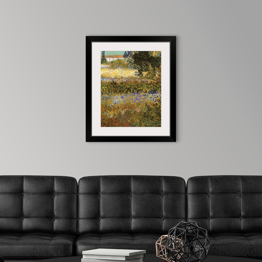 A modern room featuring Painting of colorful flower meadow with rooftop in the distance.