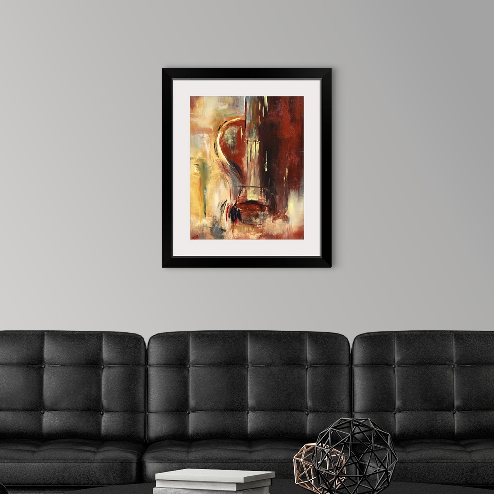 A modern room featuring A vertical abstract painting of a violin with muted colors of red and yellow.