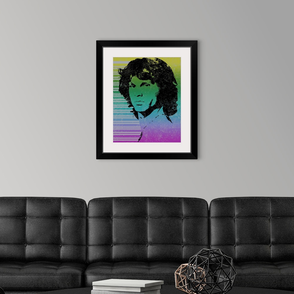 A modern room featuring Colorful illustration of Jim Morrison with gray lines running horizontally on the side.