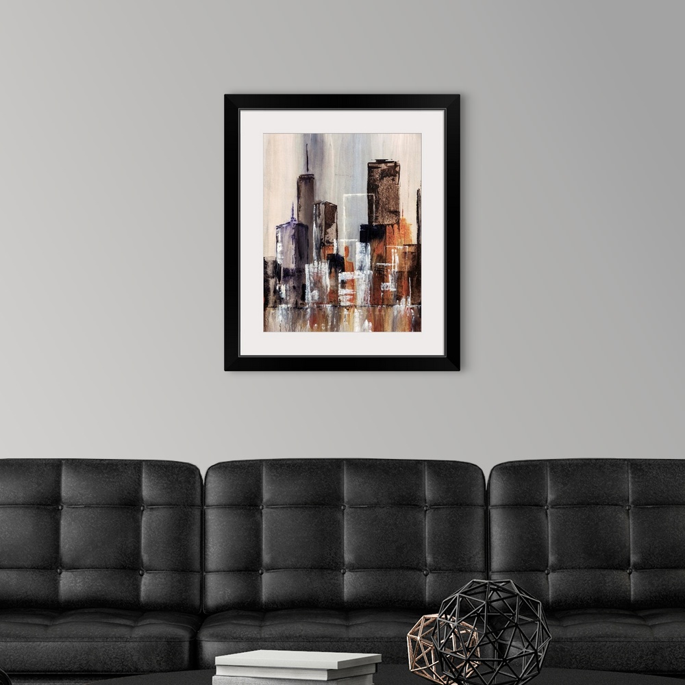 A modern room featuring Contemporary abstract painting of cityscape and waterfront. The painting uses simple geometric sh...