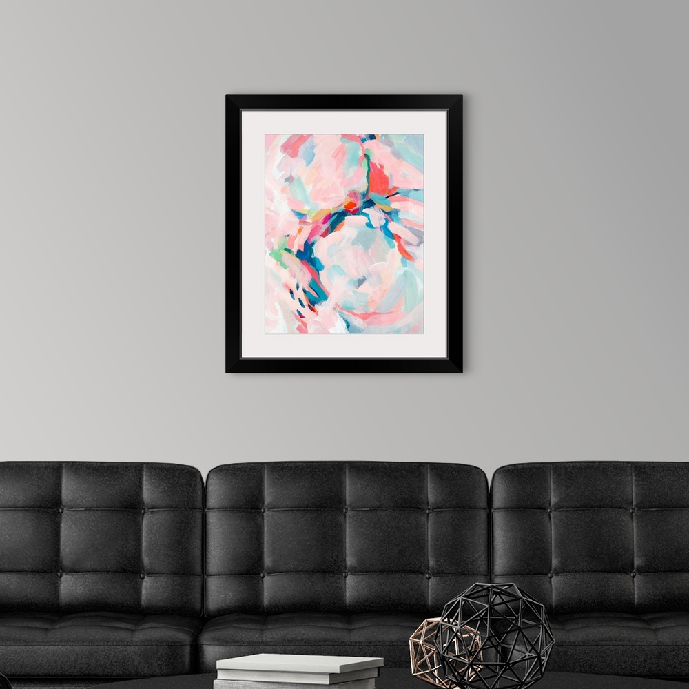 A modern room featuring Contemporary abstract painting in yellow, teal, and pink.