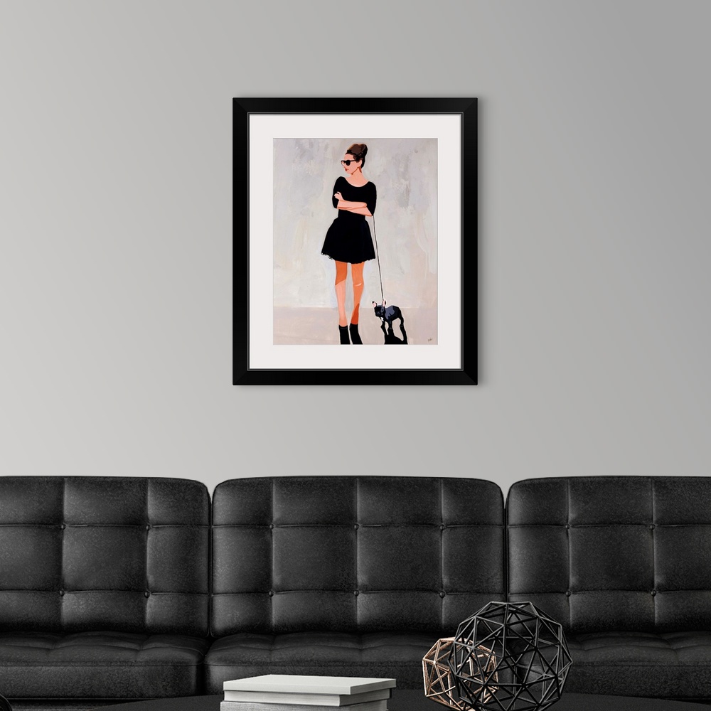 A modern room featuring Contemporary portrait of a fashionable woman walking her French bulldog in front of a neutral bac...