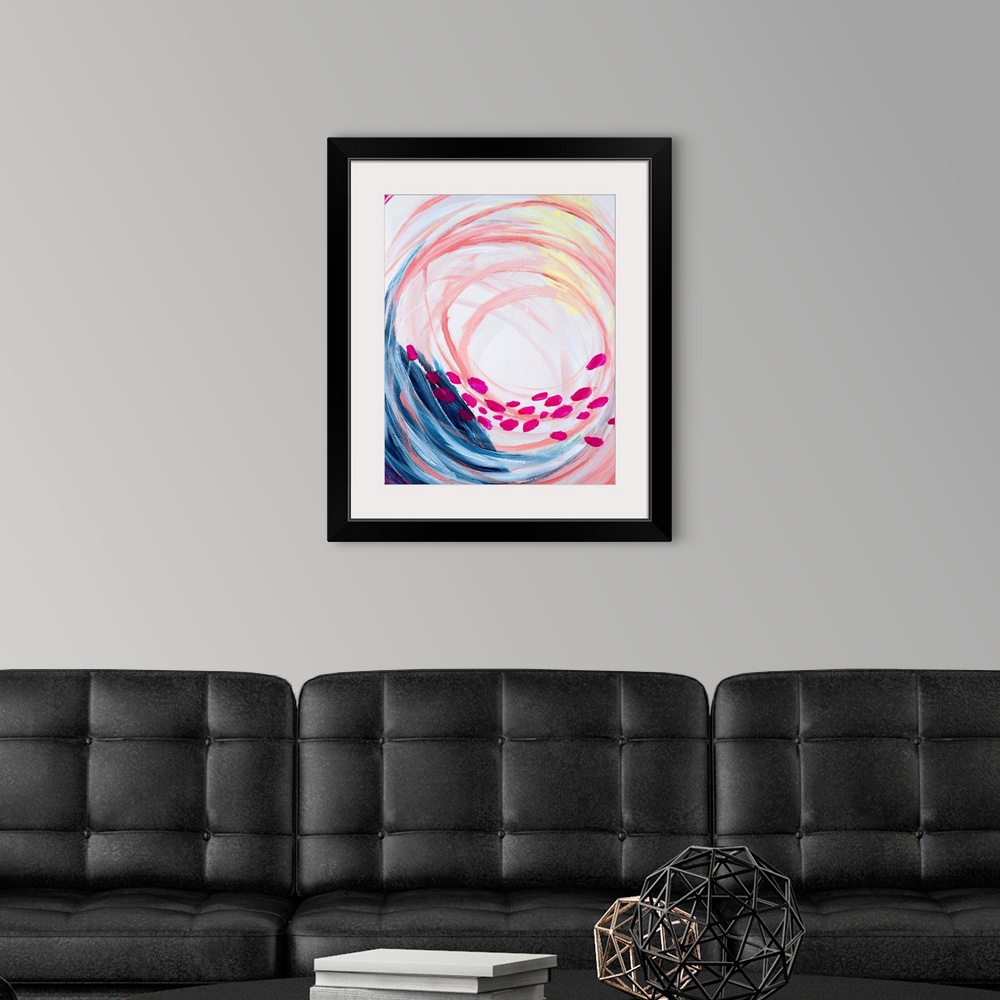 A modern room featuring Contemporary abstract painting in vivid rainbow colors, swirling in the center, with a row of pin...