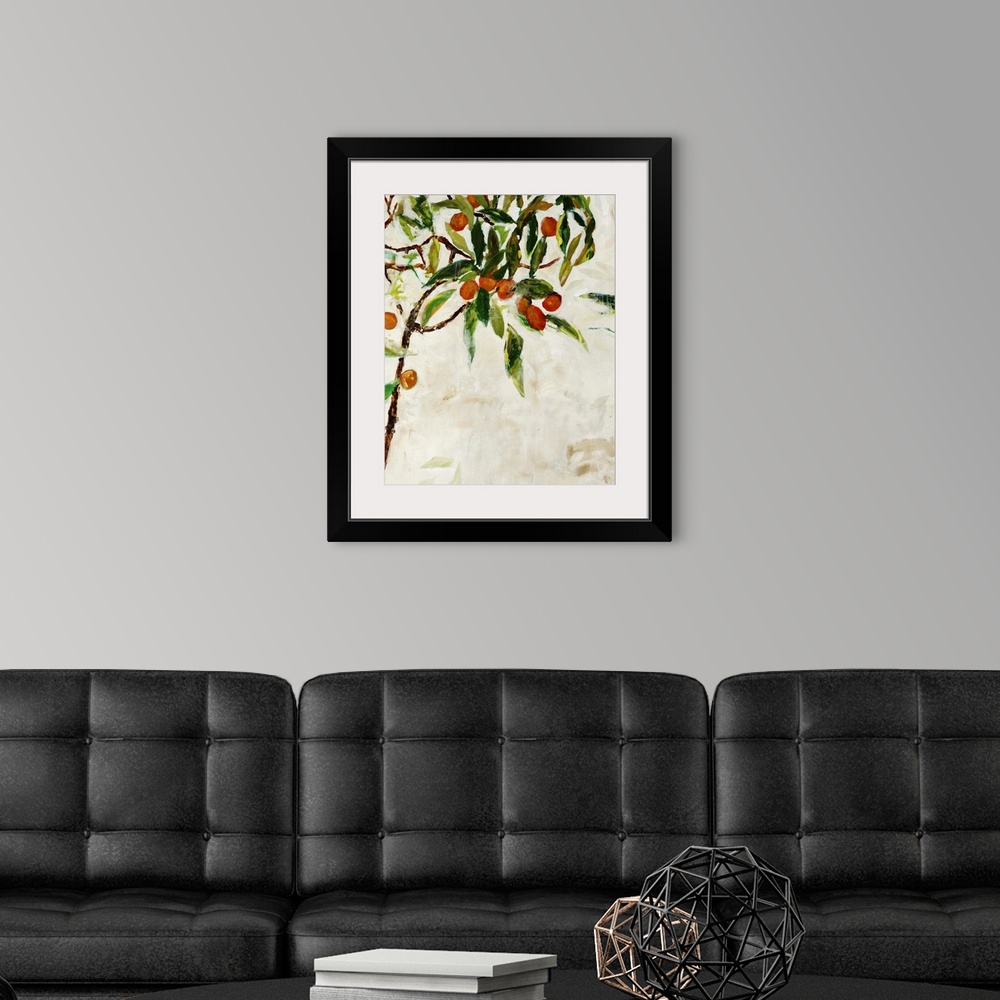 A modern room featuring Contemporary painting of a kumquat tree over a neutral background.