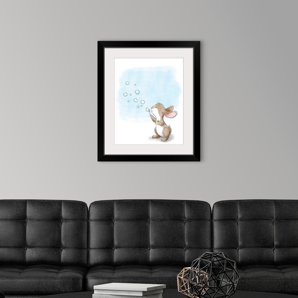 A modern room featuring Watercolor nursery illustration of a brown bunny blowing bubbles.