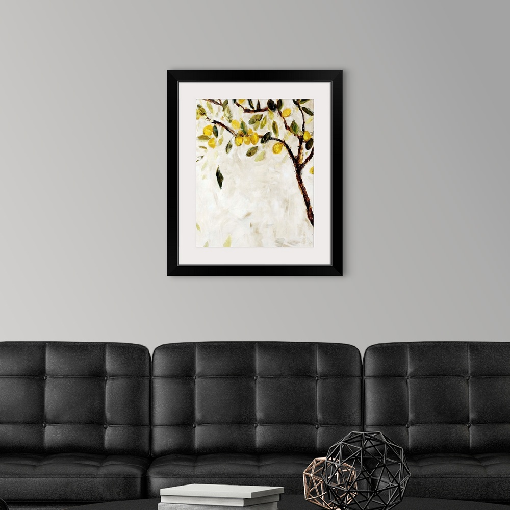 A modern room featuring Contemporary painting of a Meyer lemon tree over a neutral background.