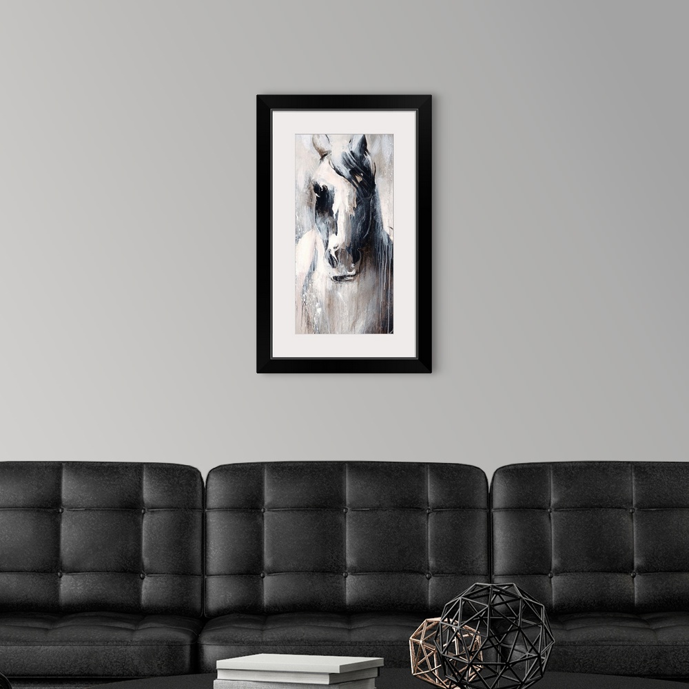 A modern room featuring Neutral-toned painting of a horse with paint drips.