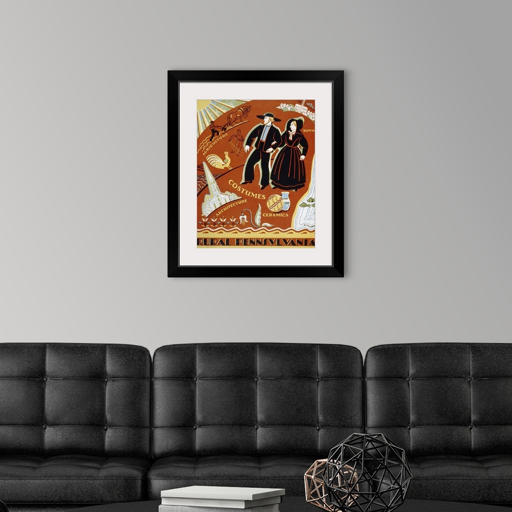 A modern room featuring Rural Pennsylvania. Poster promoting Pennsylvania, showing a man and a woman from a religious com...