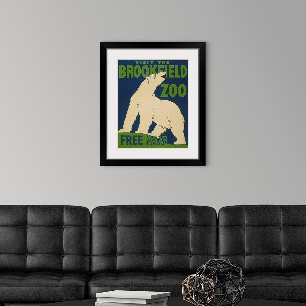 A modern room featuring Visit the Brookfield Zoo, free Thursday, Saturday, Sunday. Poster for the Brookfield Zoo announci...