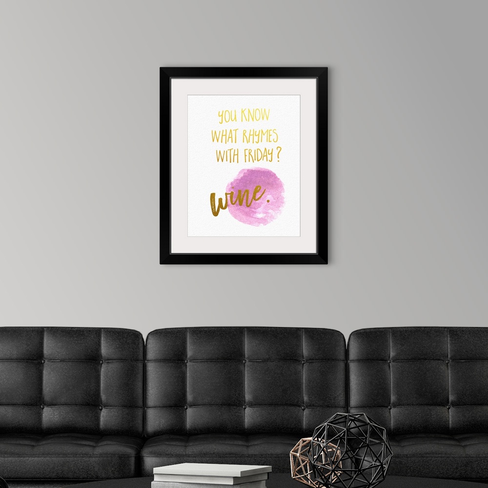 A modern room featuring Humorous handwritten message celebrating the end of the week and wine.