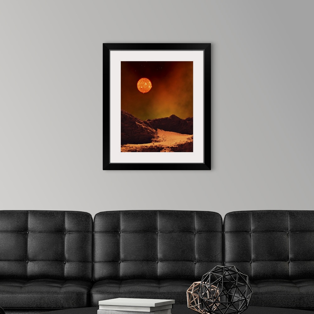 A modern room featuring A rugged planet landscape dimly lit by a distant red star