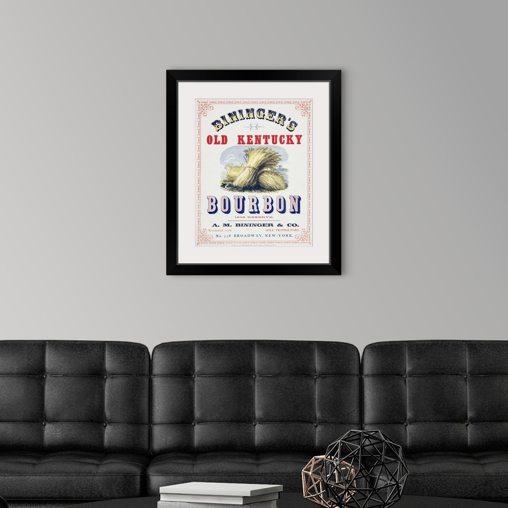 A modern room featuring Vintage Advertisement For Bininger's Old Kentucky Bourbon 1849 Reserve