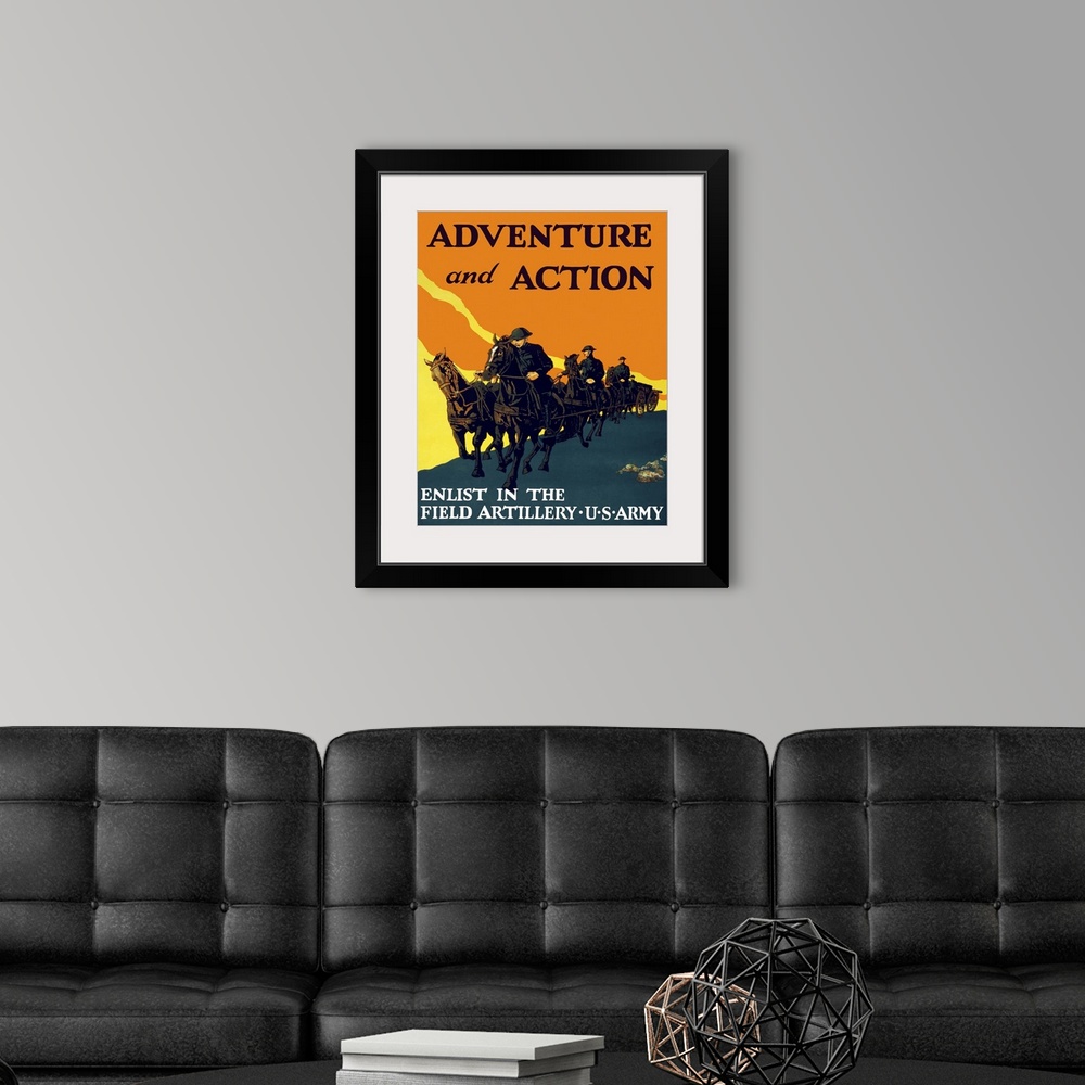 A modern room featuring Vintage World War One propaganda poster featuring soldiers pulling artillery guns with a team of ...