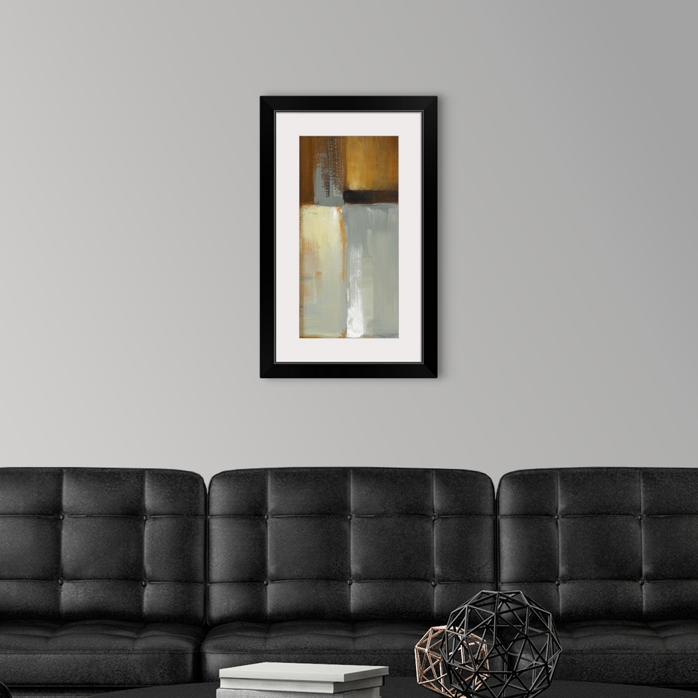 A modern room featuring Vertical contemporary painting on a large wall hanging of large rectangular shapes in various col...