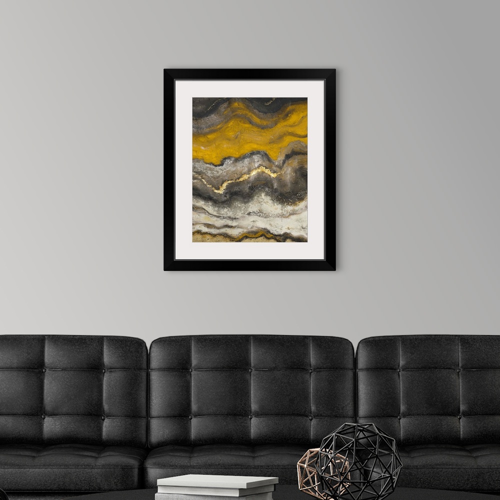 A modern room featuring Acrylic painting featuring swirling layers of color reminiscent of flowing magma.